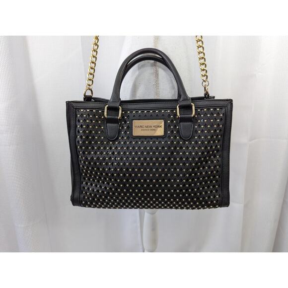 MARC NEW YORK! BLACK BRUSHED FINISH FAUX LEATHER, GOLD JEWEL STUDDED  HAND BAG! - Picture 4 of 11